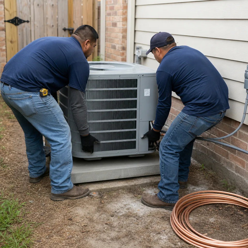 Two HVAC technicians repairing a residential outdoor air conditioning unit